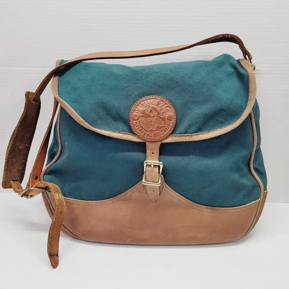 Vtg Duluth Pack Medium Messenger Bag Green Canvas & Leather Made in USA 16